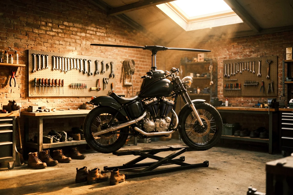 Мастерская Chopper-Parts: чоппер на стенде, инструменты, кирпичная стена