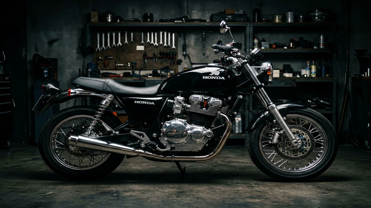 Черный круизер Honda Shadow VT750 на дороге во время заката