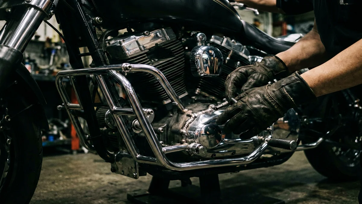 Хромированные защитные дуги на мотоцикле Harley-Davidson в гараже