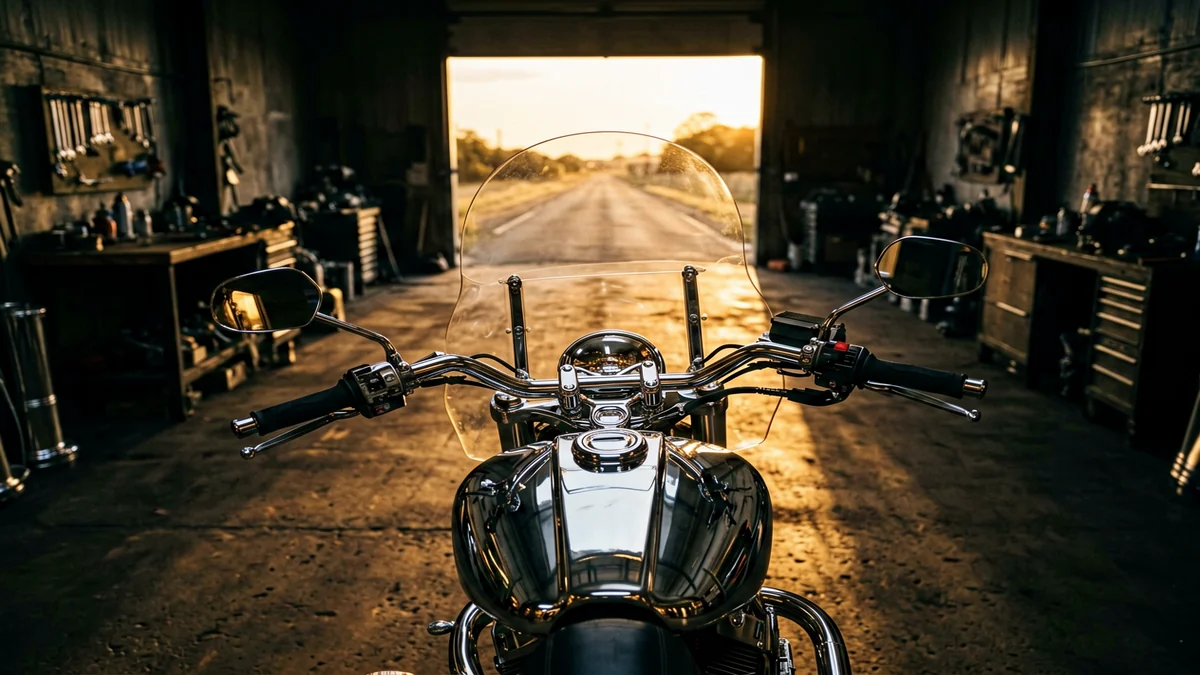 Крупный план прозрачного ветрового стекла на черном чоппере Harley-Davidson