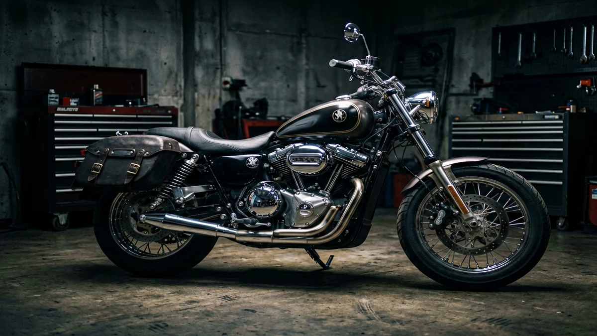 Черная Yamaha Drag Star 650 с установленными дугами и хромированными деталями на фоне гаража